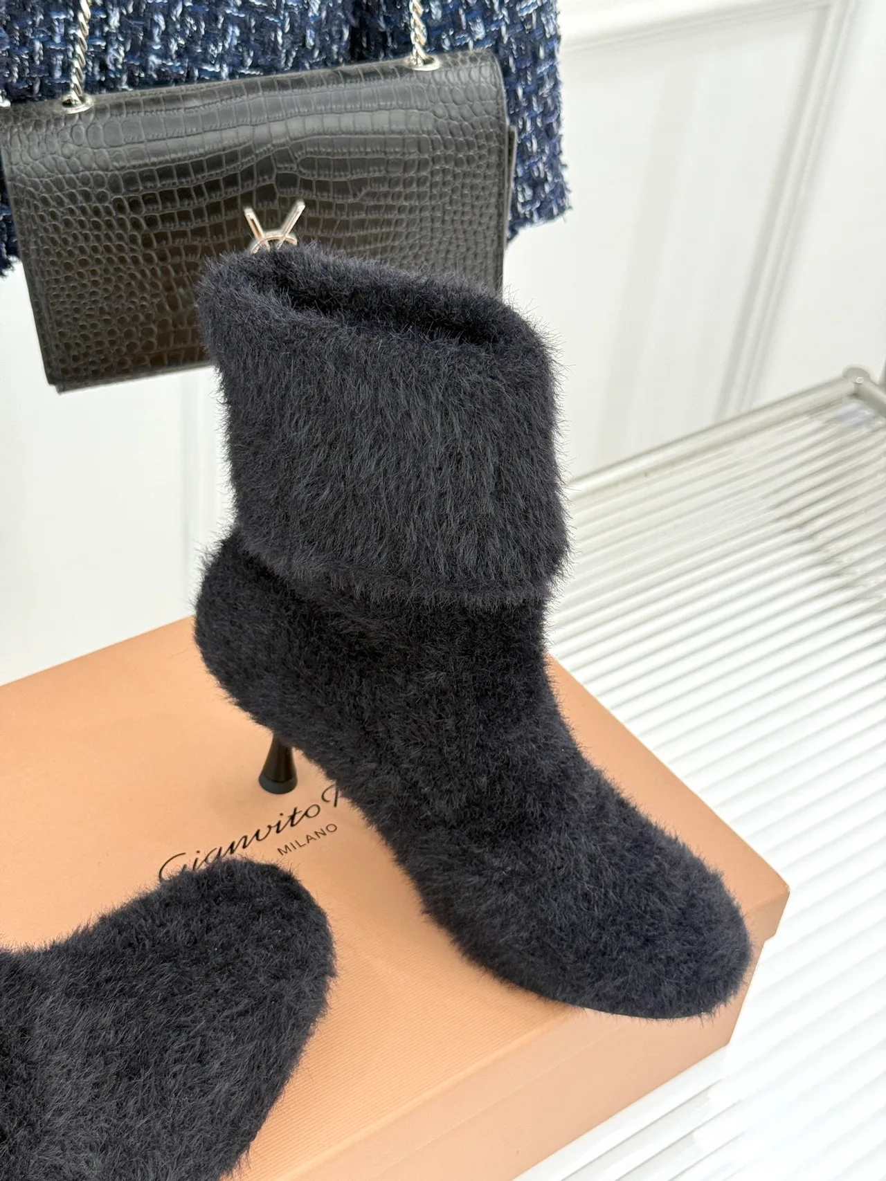 Gianvito Rossi Wool Fuzzy Ankle Boots in Black · view 3