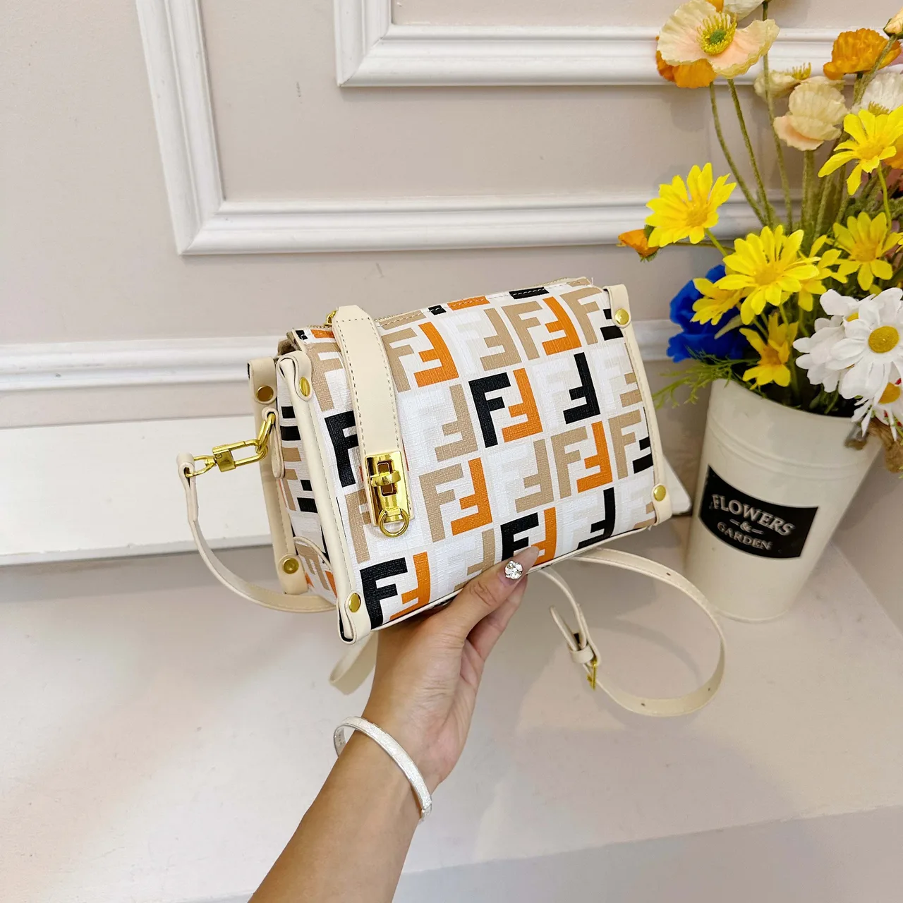Fendi FF Box Crossbody Bag in Brown & Black & White · view 6