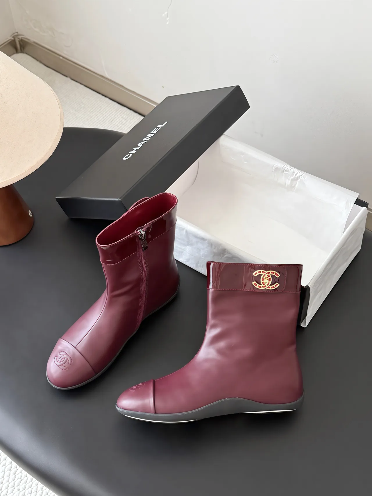 Chanel Cowhide Glossy Pointed-Toe Boots in Burgundy · view 4