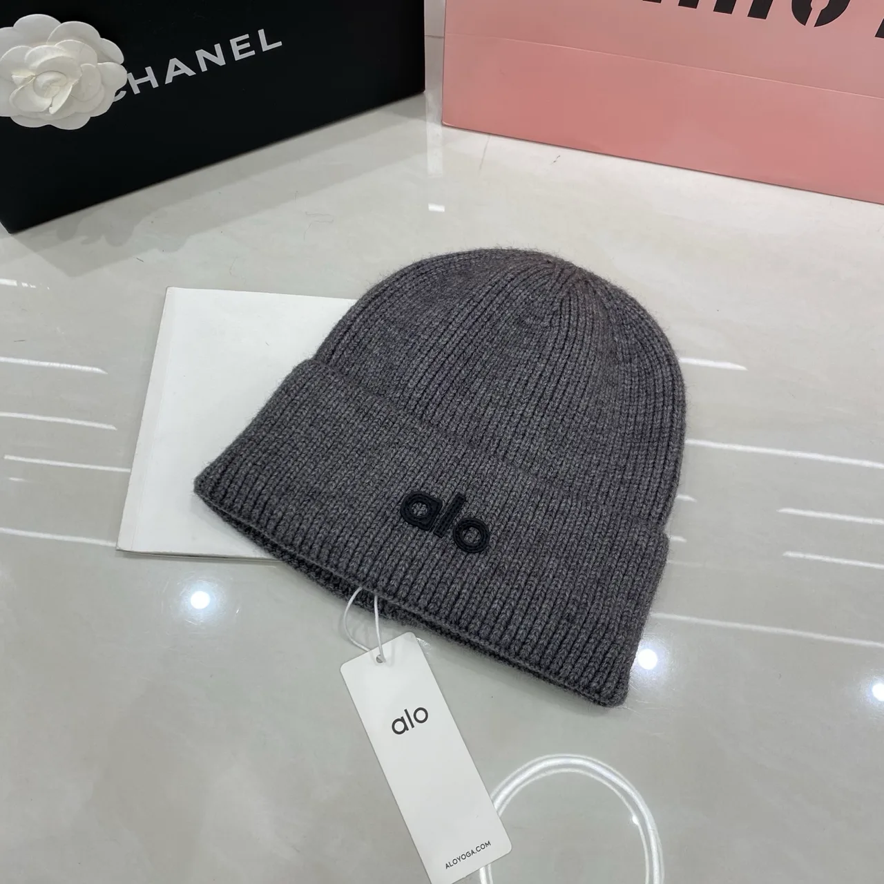 Alo Beanie in Black & White & Tan & Grey & Pink · view 4