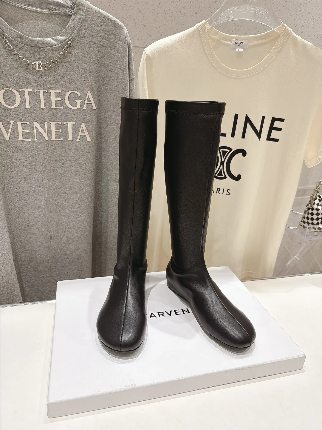 Silk Glossy Round-Toe Minimal Knee-High Boots in Black · view 2