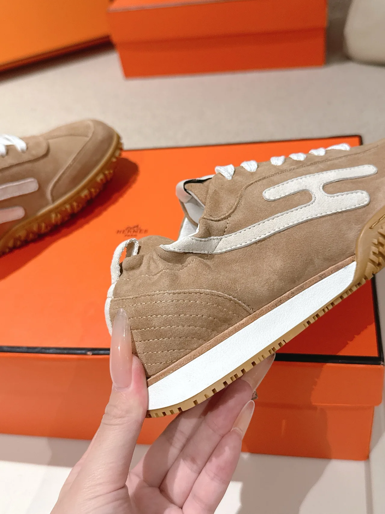 Hermes Sheepskin Suede Sneakers in Tan · view 7