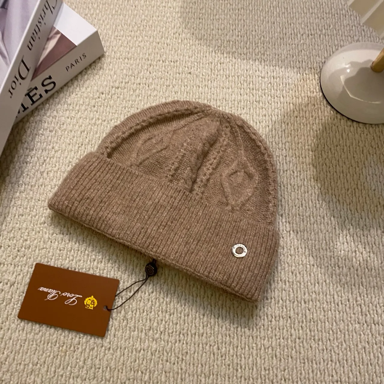 Loro Piana Cable-Emblem Beanie in Black & White & Tan & Grey & Pink & Brown & Blue · view 3