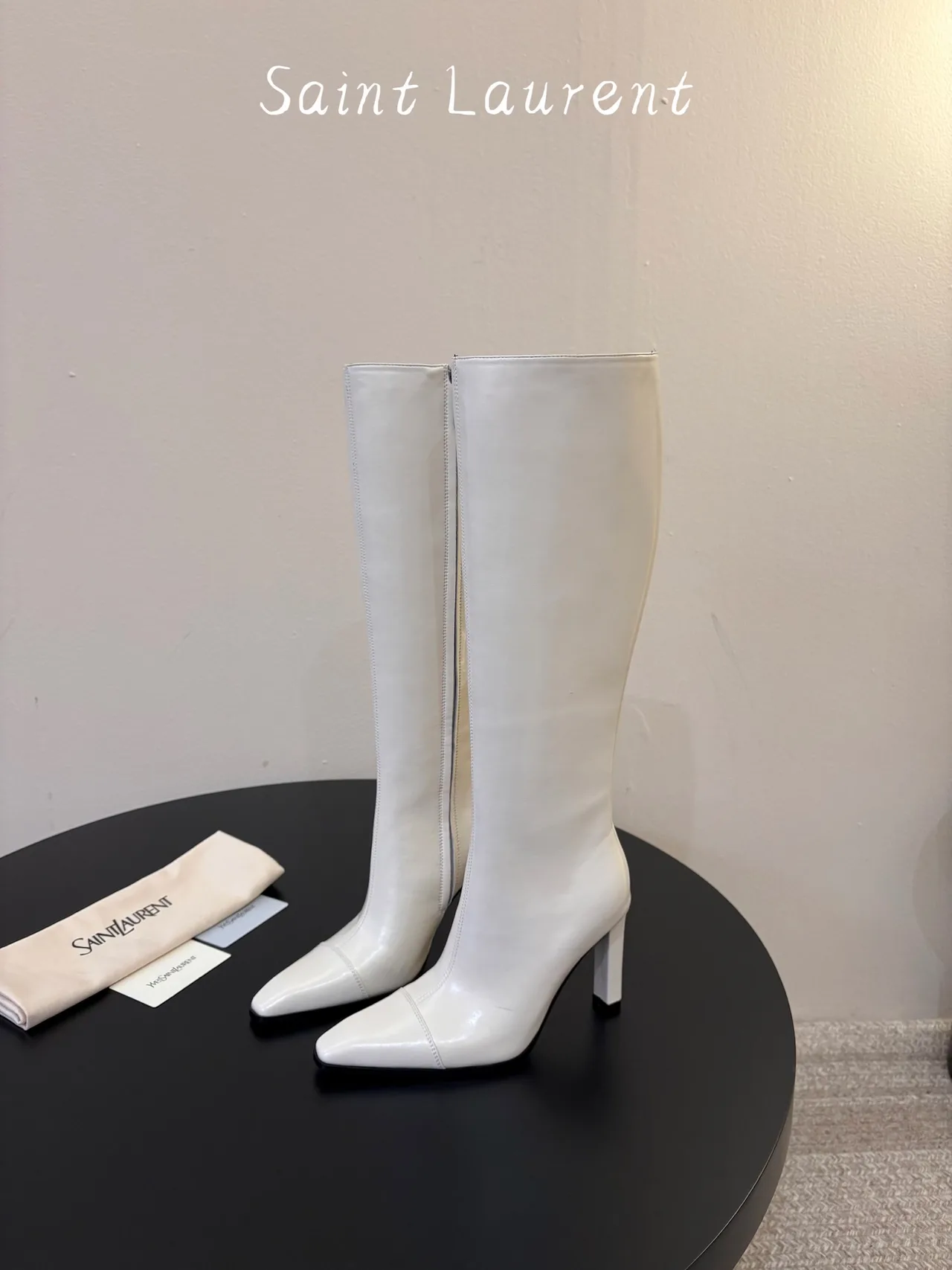 Saint Laurent Cowhide Sheepskin Knee-High Boots in White · view 5