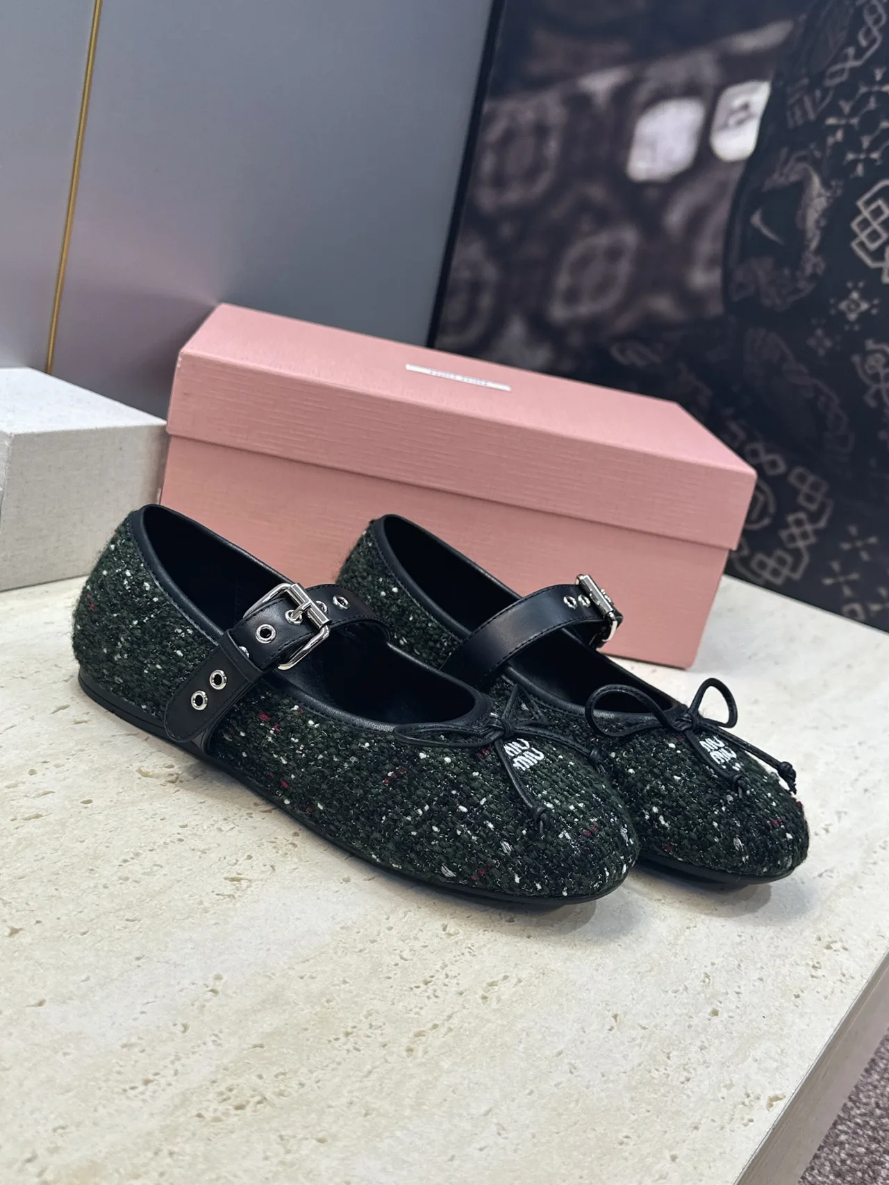 Miu Miu Calfskin Smooth Bow Buckle Mary Jane Flats in Green · view 1
