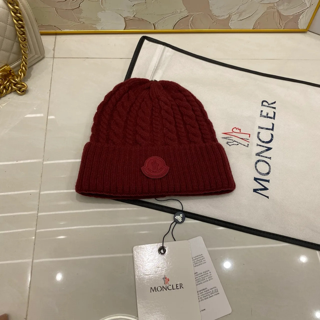 Moncler Cable Beanie in Black & White & Brown & Beige & Grey & Burgundy · view 7
