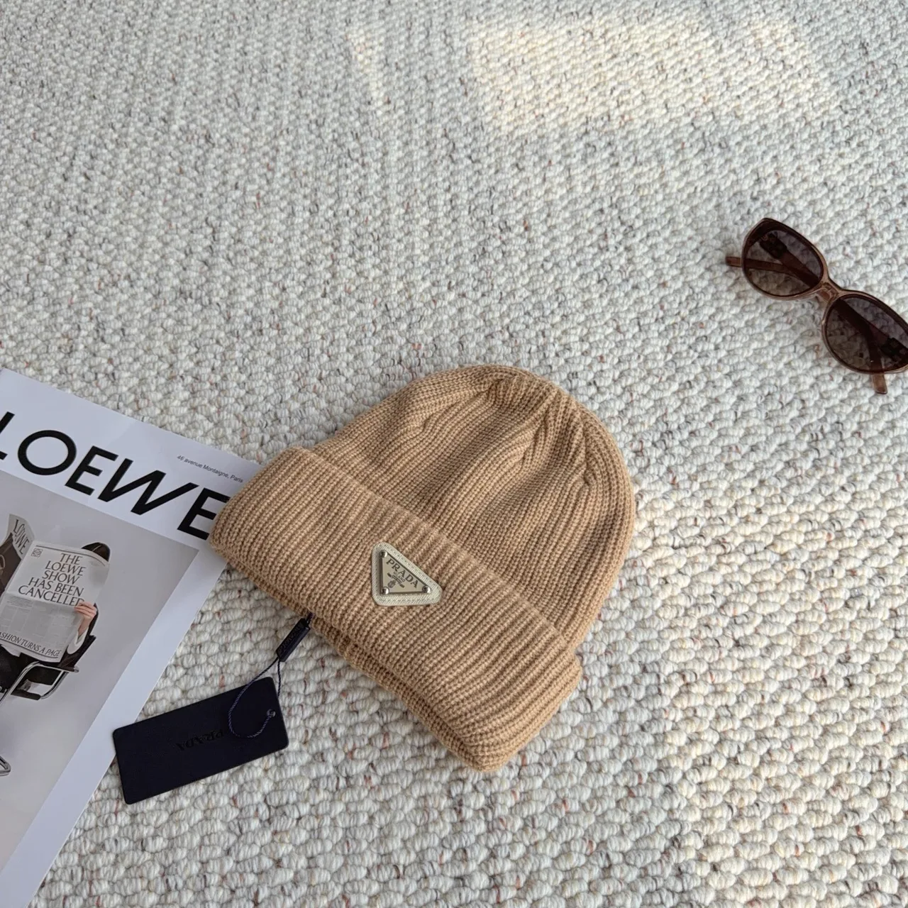 Prada Ribbed Beanie in Beige · view 6