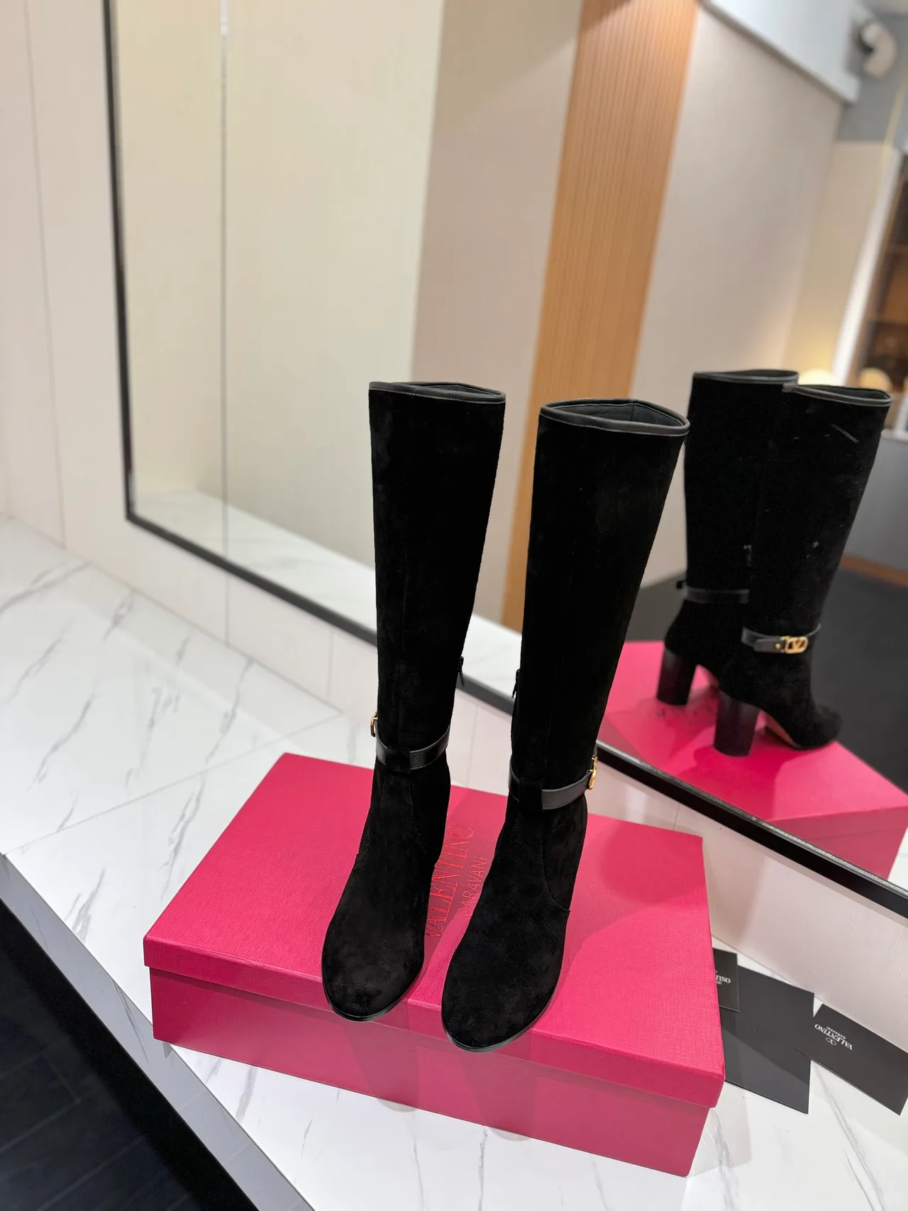 Valentino Calfskin Glossy Suede-Look Buckle Boots in Black · view 3