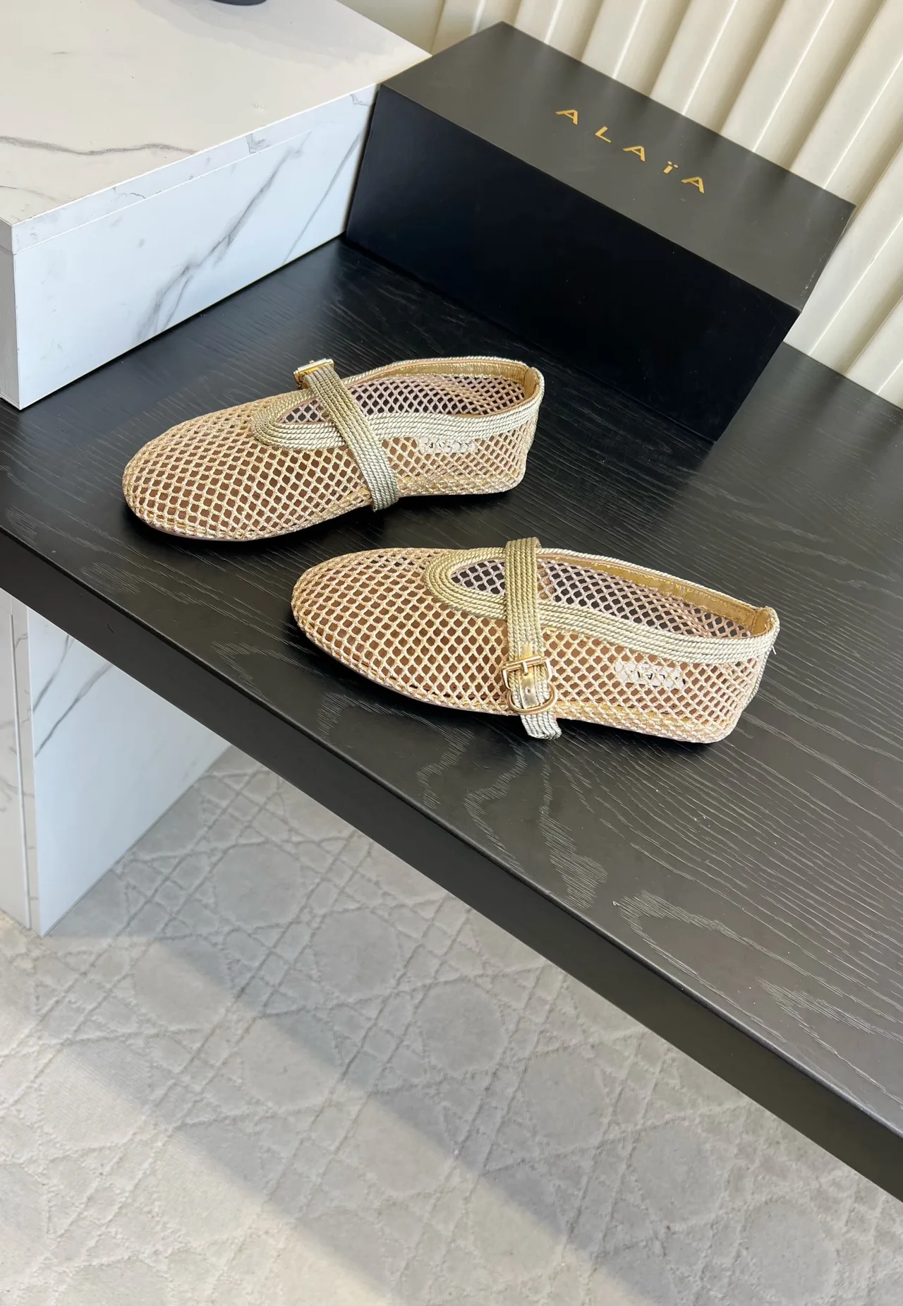 Alaia Sheepskin Mesh Mary Jane Flats in Gold · view 2