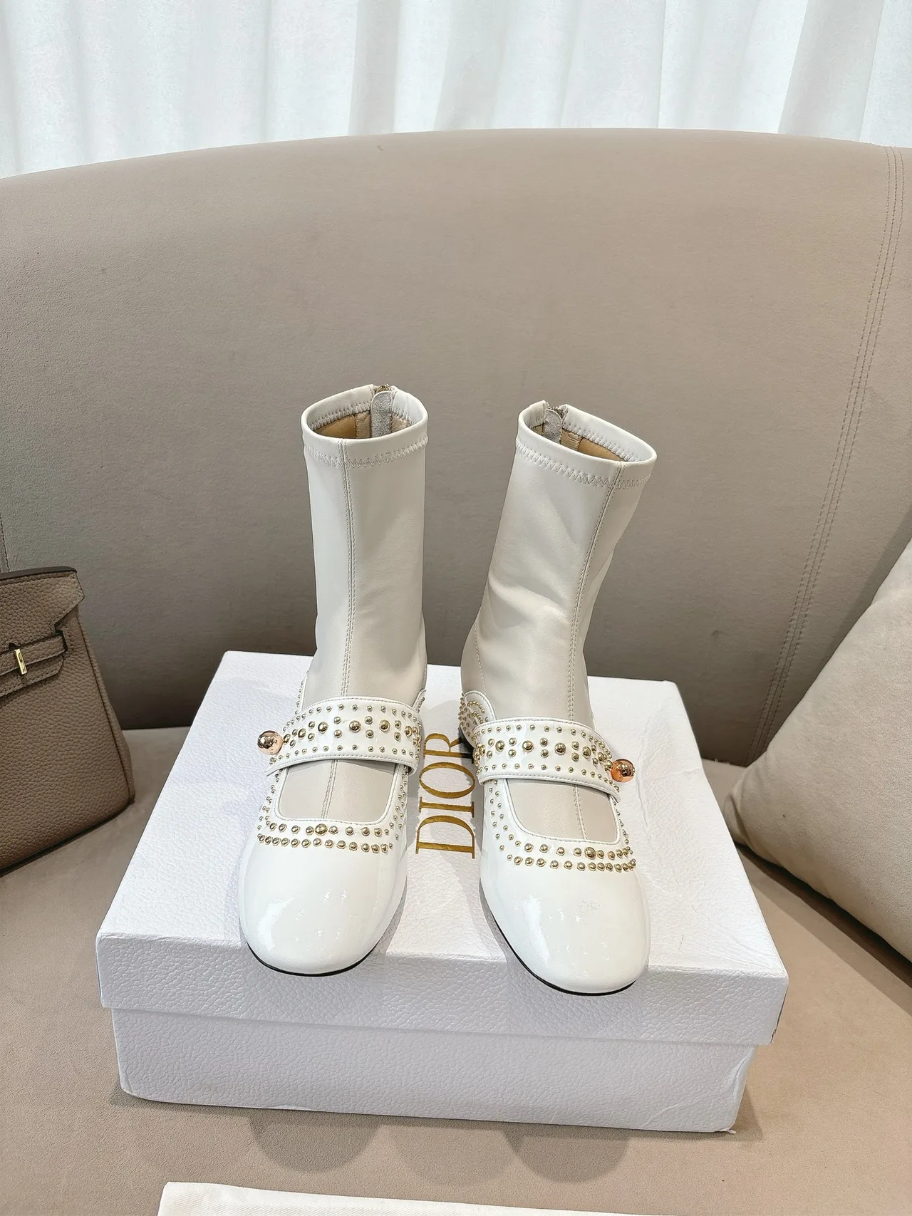 Dior Sheepskin Patent Leather Glossy Studded Ankle Boots in White · view 1