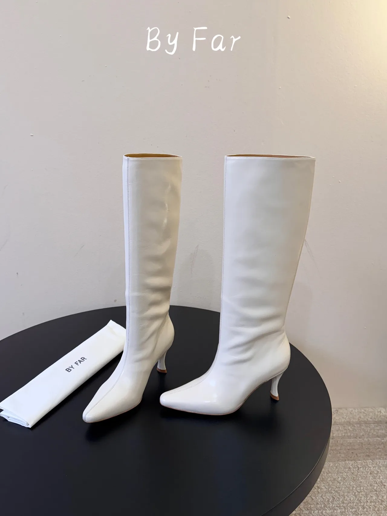 By Far Glossy Pointed-Toe Knee-High Boots in White · view 3