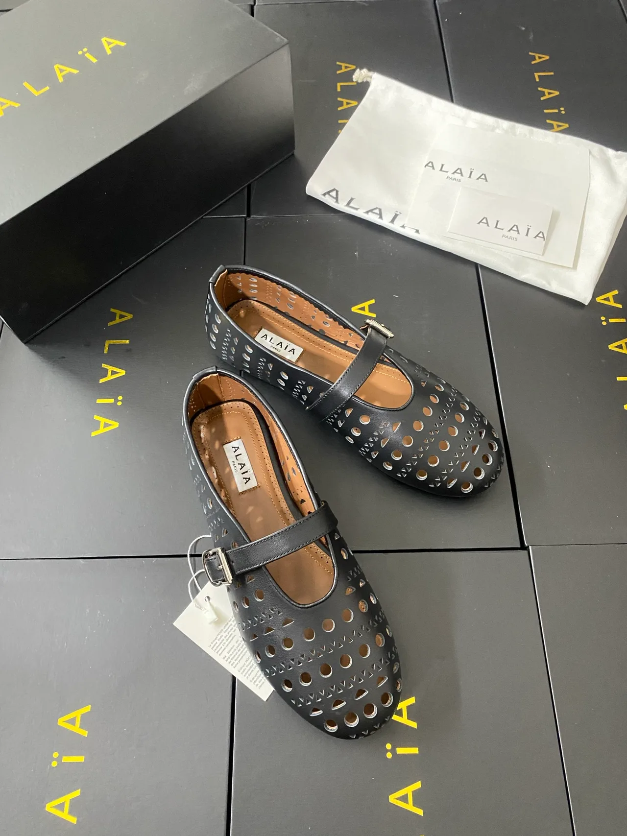 Alaia Cowhide Sheepskin Buckle Studded Mary Jane Flats in Black · view 4