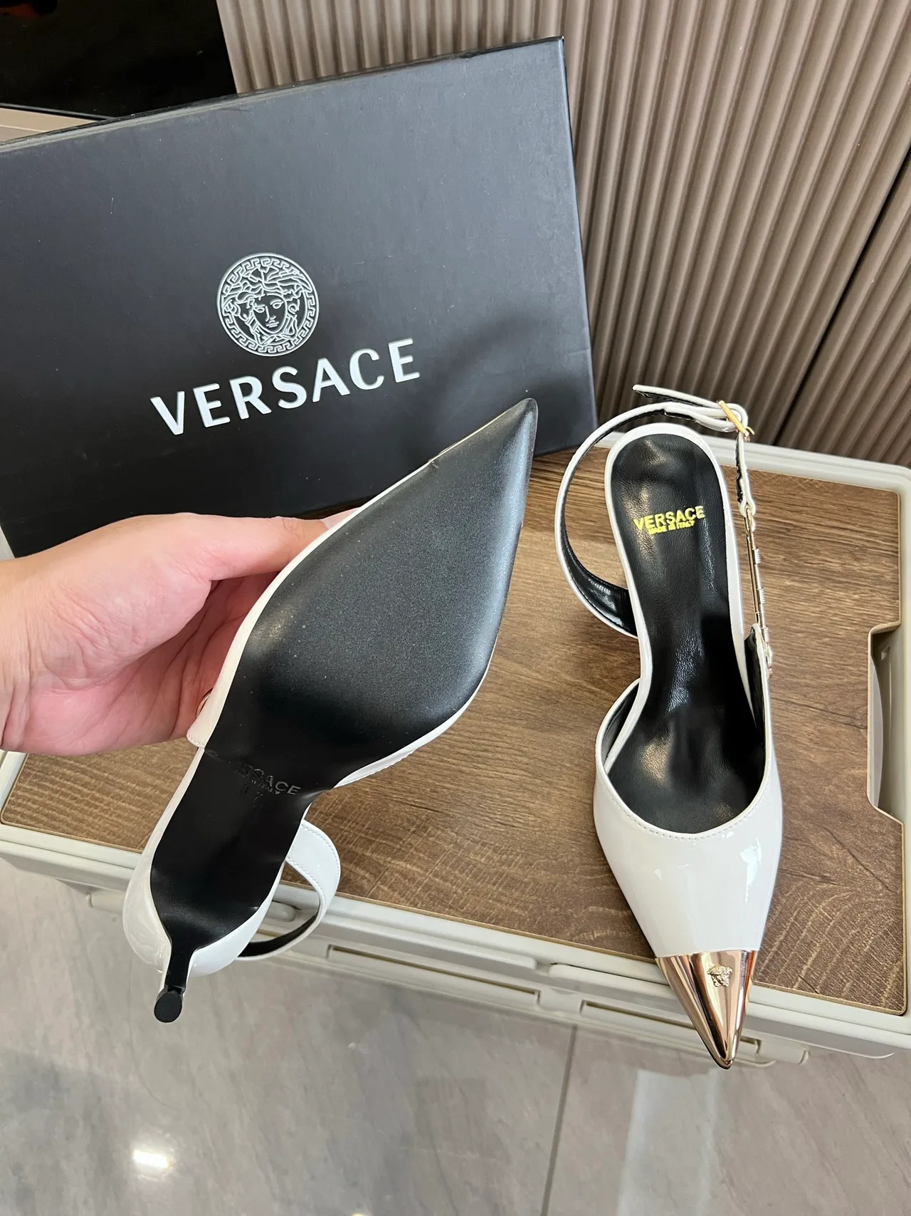 Versace Pointed-Toe Pointed Slingback Pumps in White · view 4