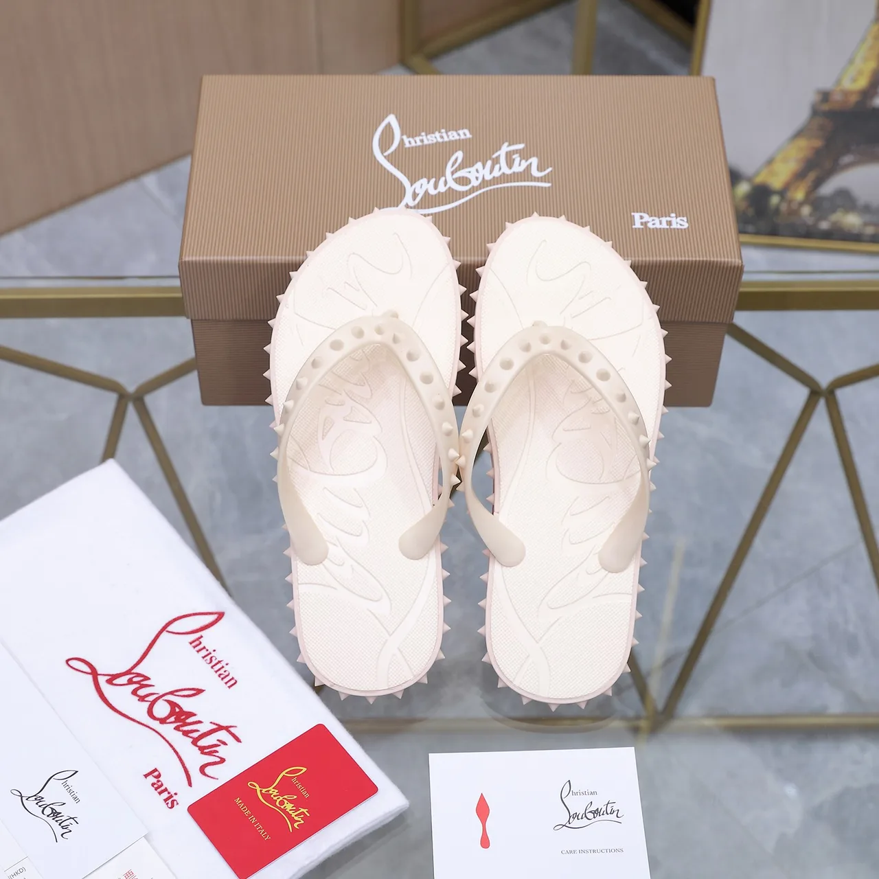 Christian Louboutin Studded Flip-Flops in White · view 1