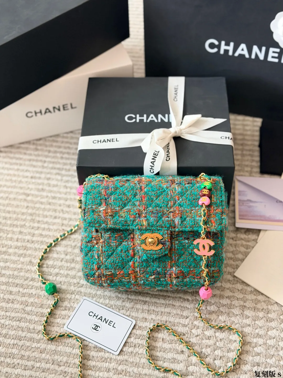 Chanel Beaded Flap Bag in Beige / Orange / Purple / Black / White / Green · view 6