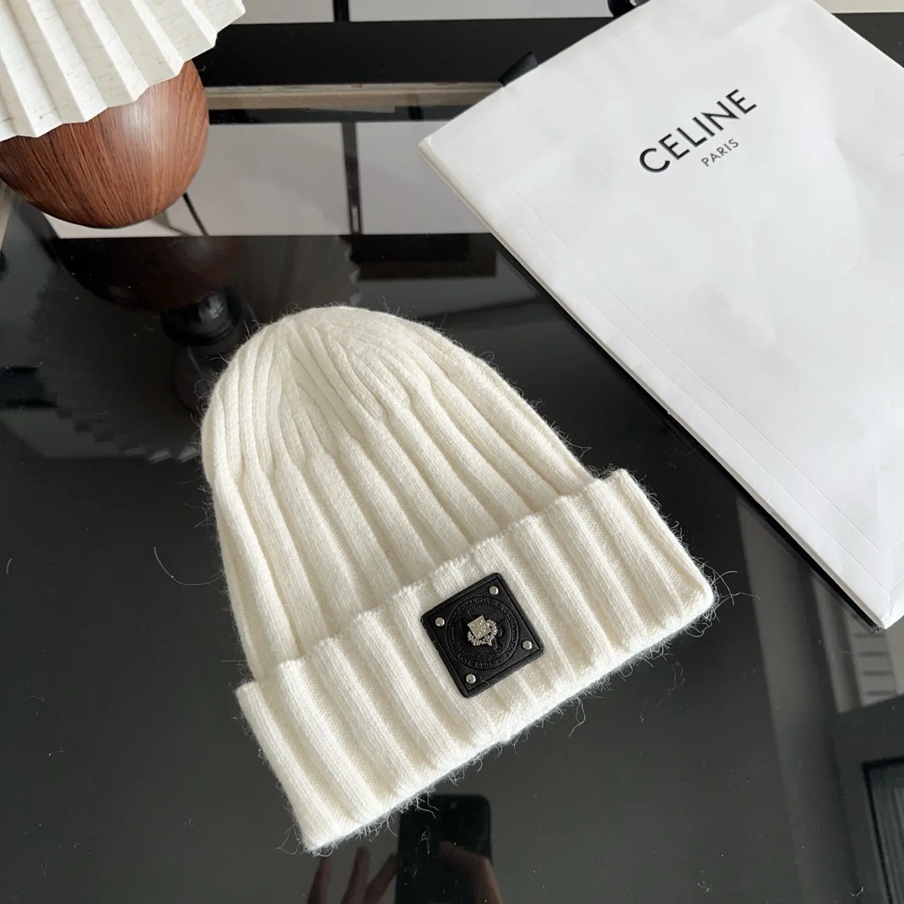 Celine Ribbed Beanie in Cream · view 5