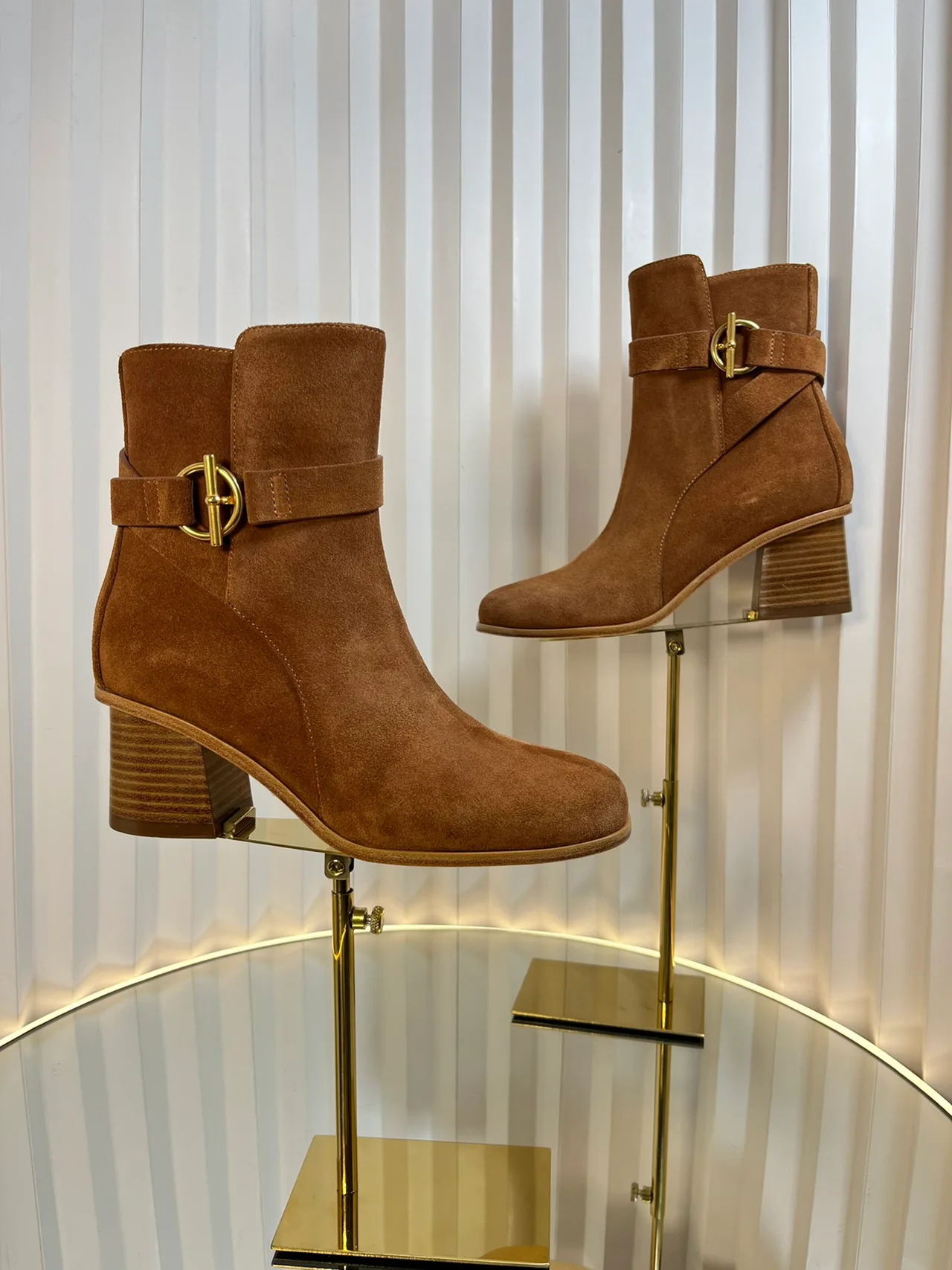 Hermes Calfskin Suede-Look Round-Toe Buckle Ankle Boots in Brown · view 3