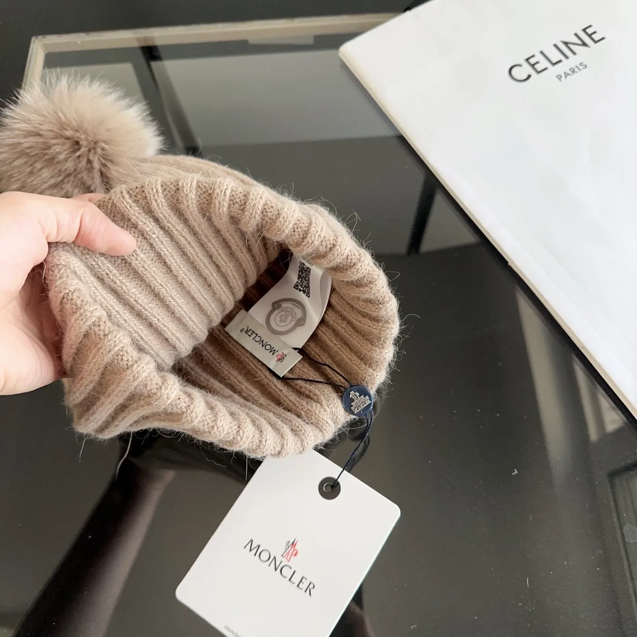 Moncler Ribbed Beanie in Beige · view 8