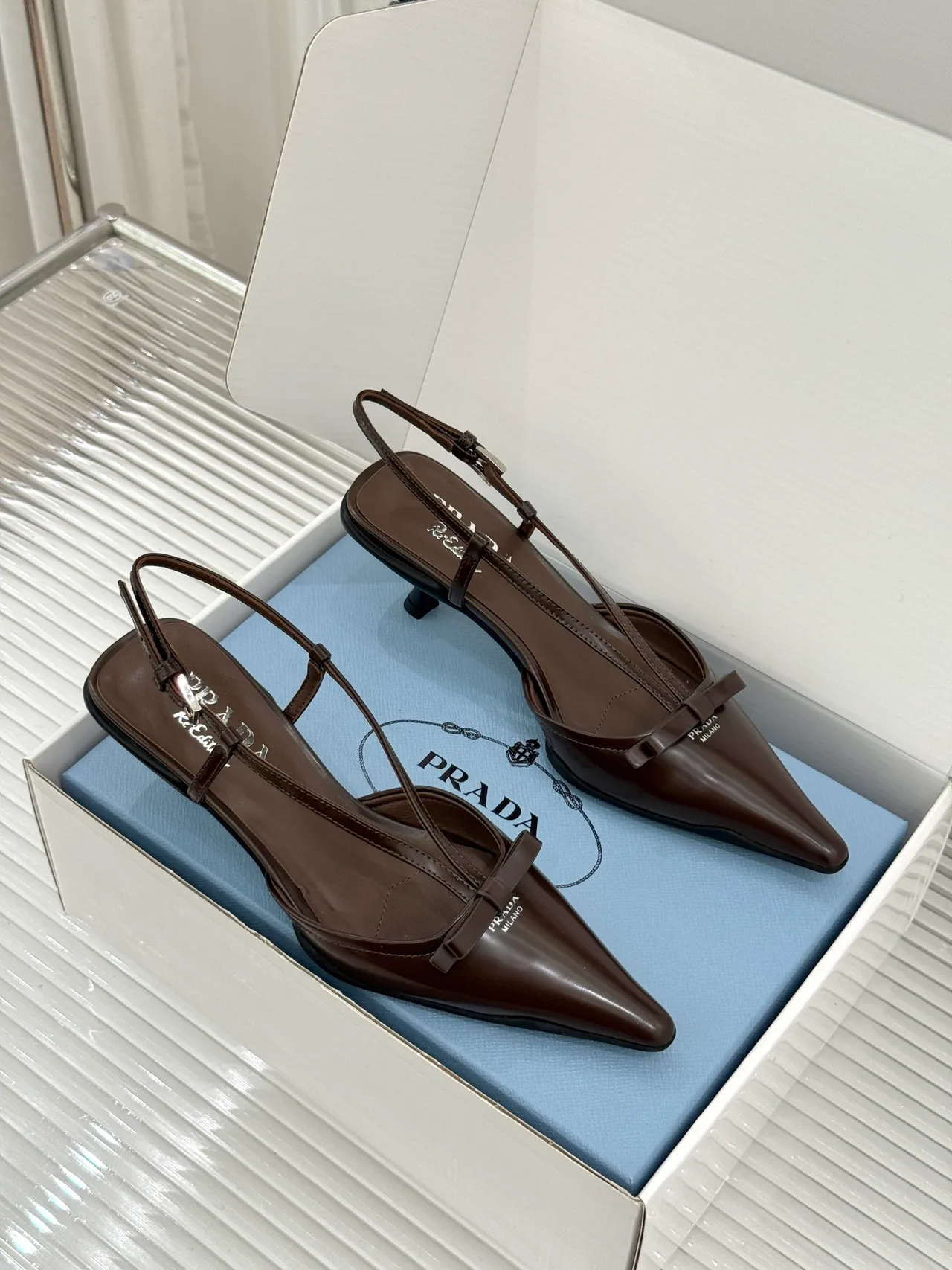 Prada Lambskin Pointed Slingback Pumps in Brown · view 4