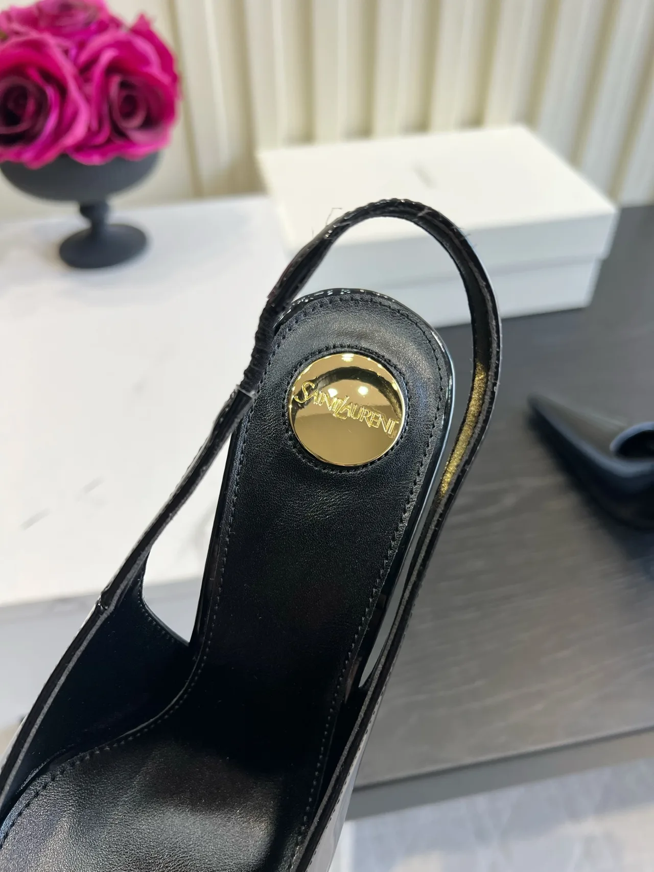 Saint Laurent Cowhide Silk Glossy Pointed-Toe Buckle Slingback Heels in Black · view 8