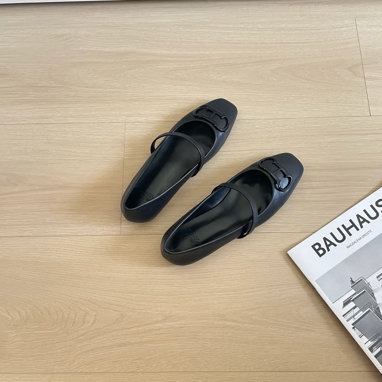 Hermes Leather Glossy Square-Toe Mary Jane Flats in Black · view 6