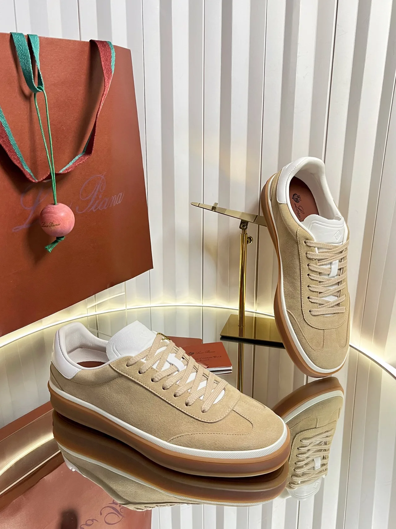 Loro Piana Cashmere Lace-Up Sneakers in Beige · view 4