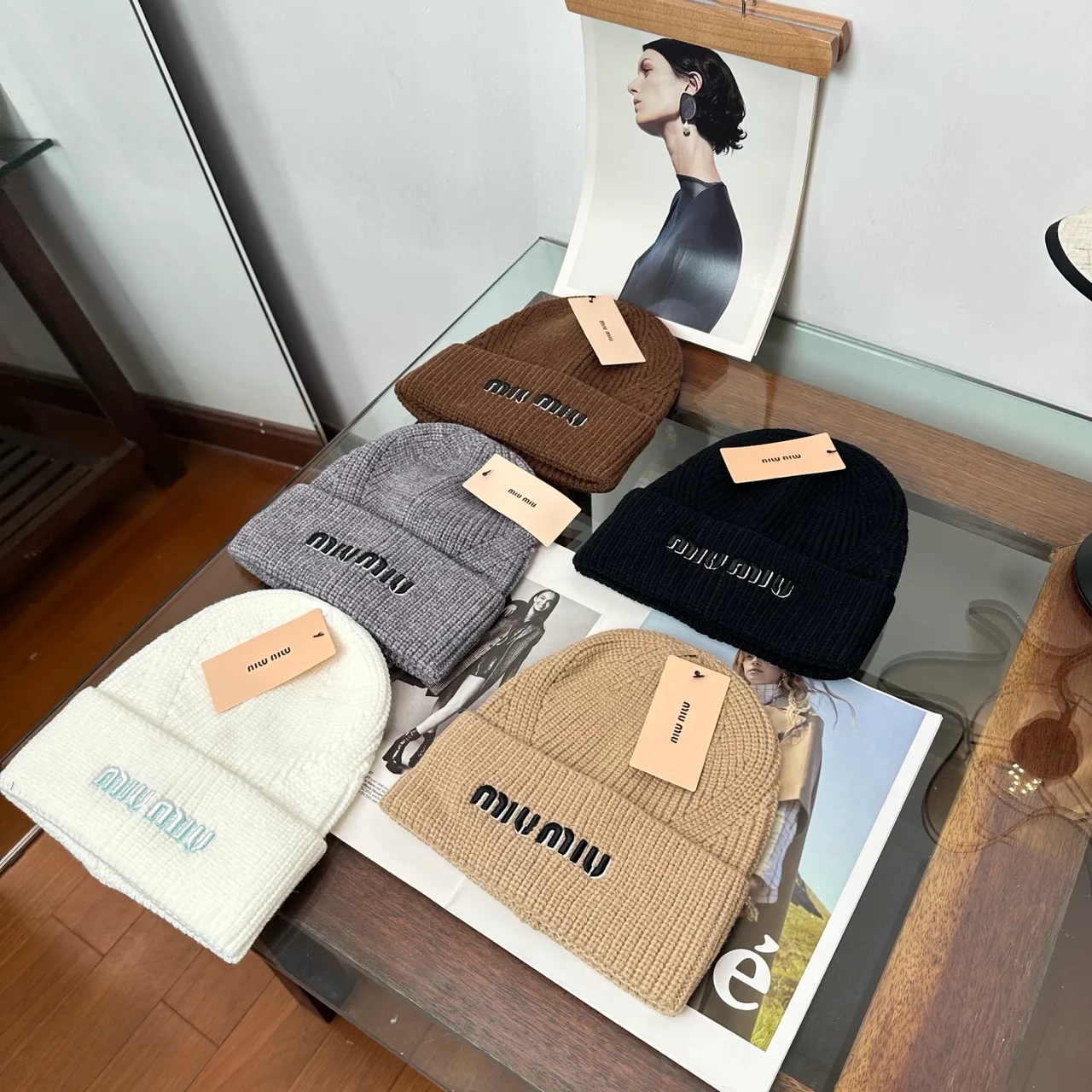 Miu Miu Logo knit beanie in Brown & Grey & Black & White & Beige · view 2