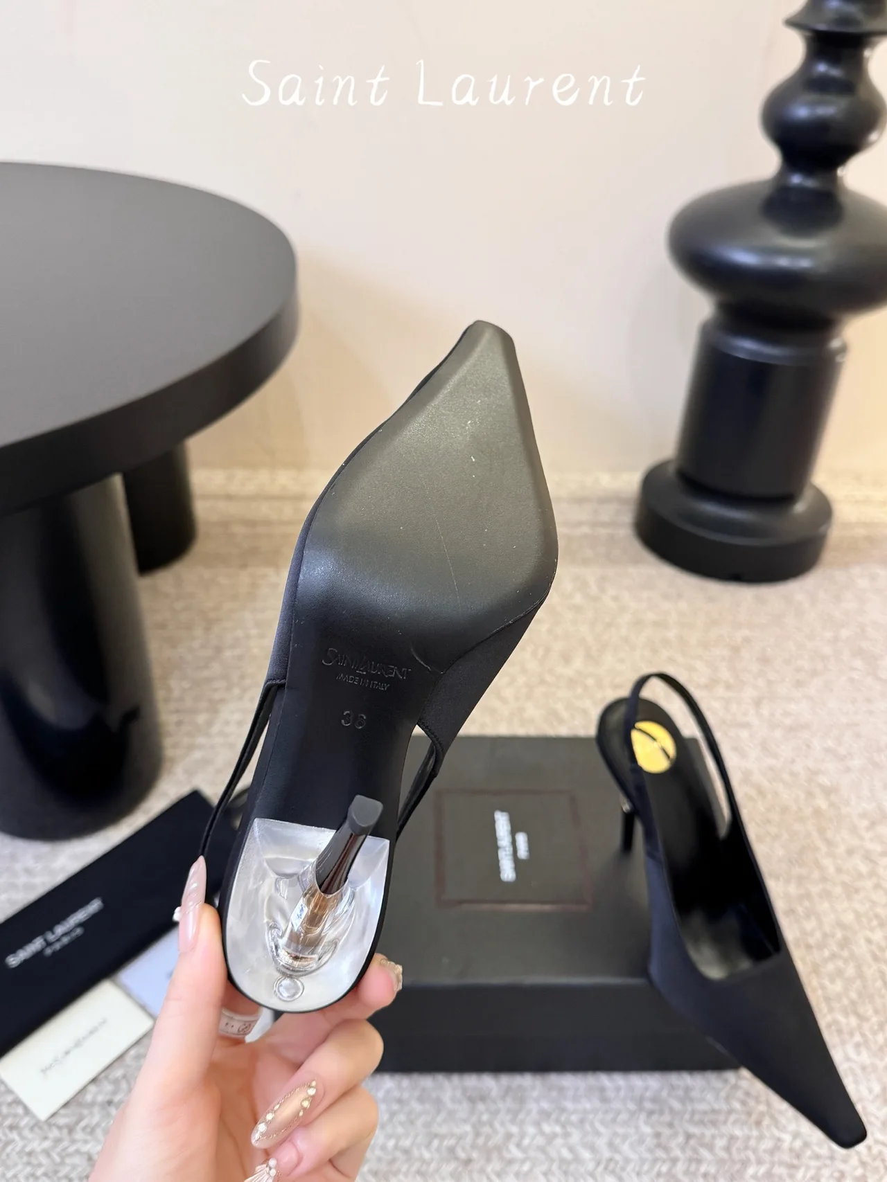 Saint Laurent Glossy Pointed-Toe Sandals in Black · view 8