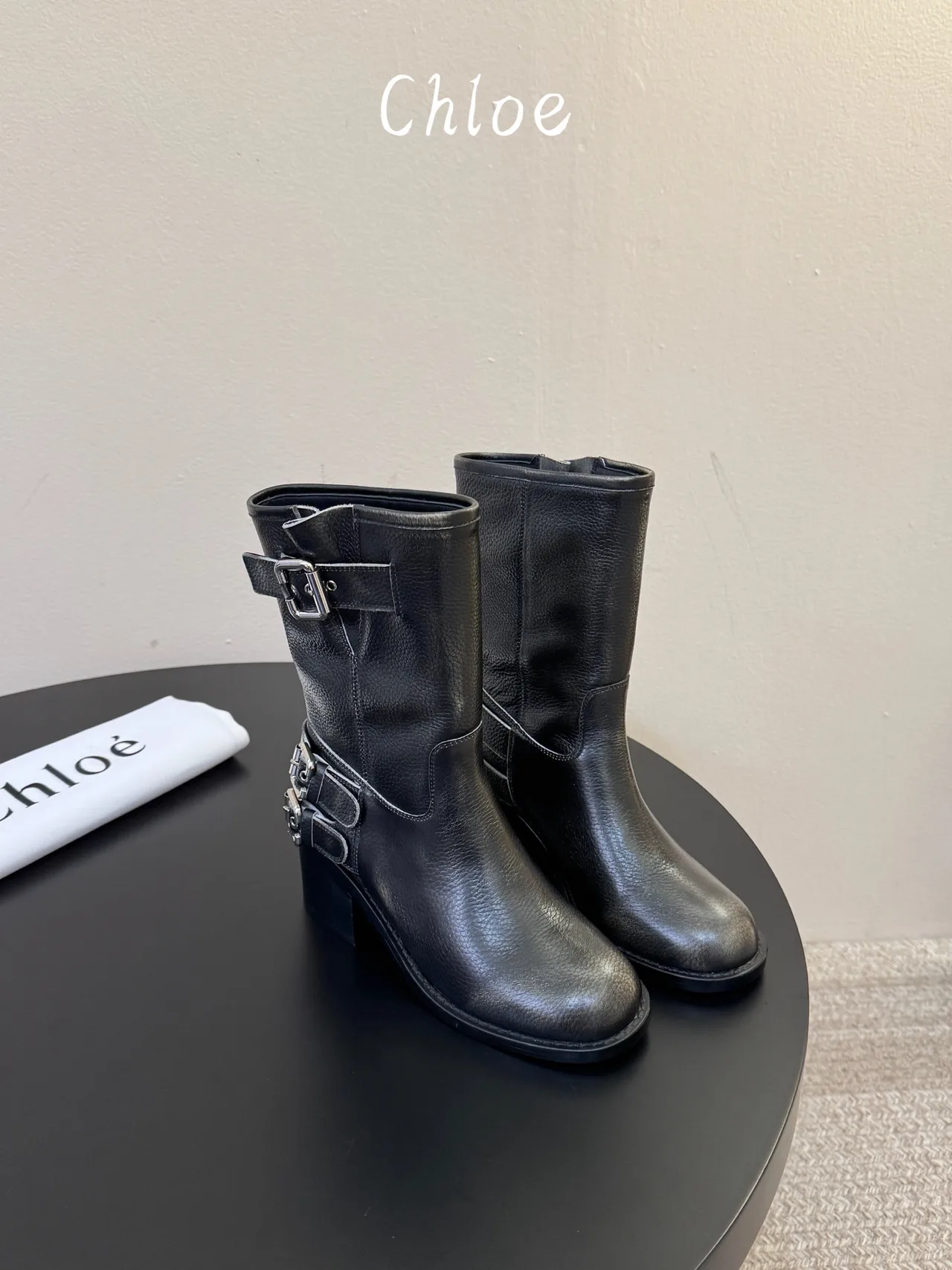 Chloe Cowhide Glossy Round-Toe Ankle Boots in Black · view 4