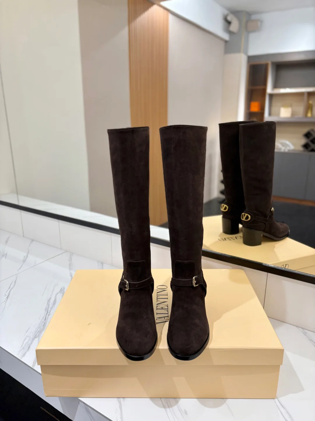Valentino Calfskin Suede-Look Buckle Knee-High Boots in Brown · view 3