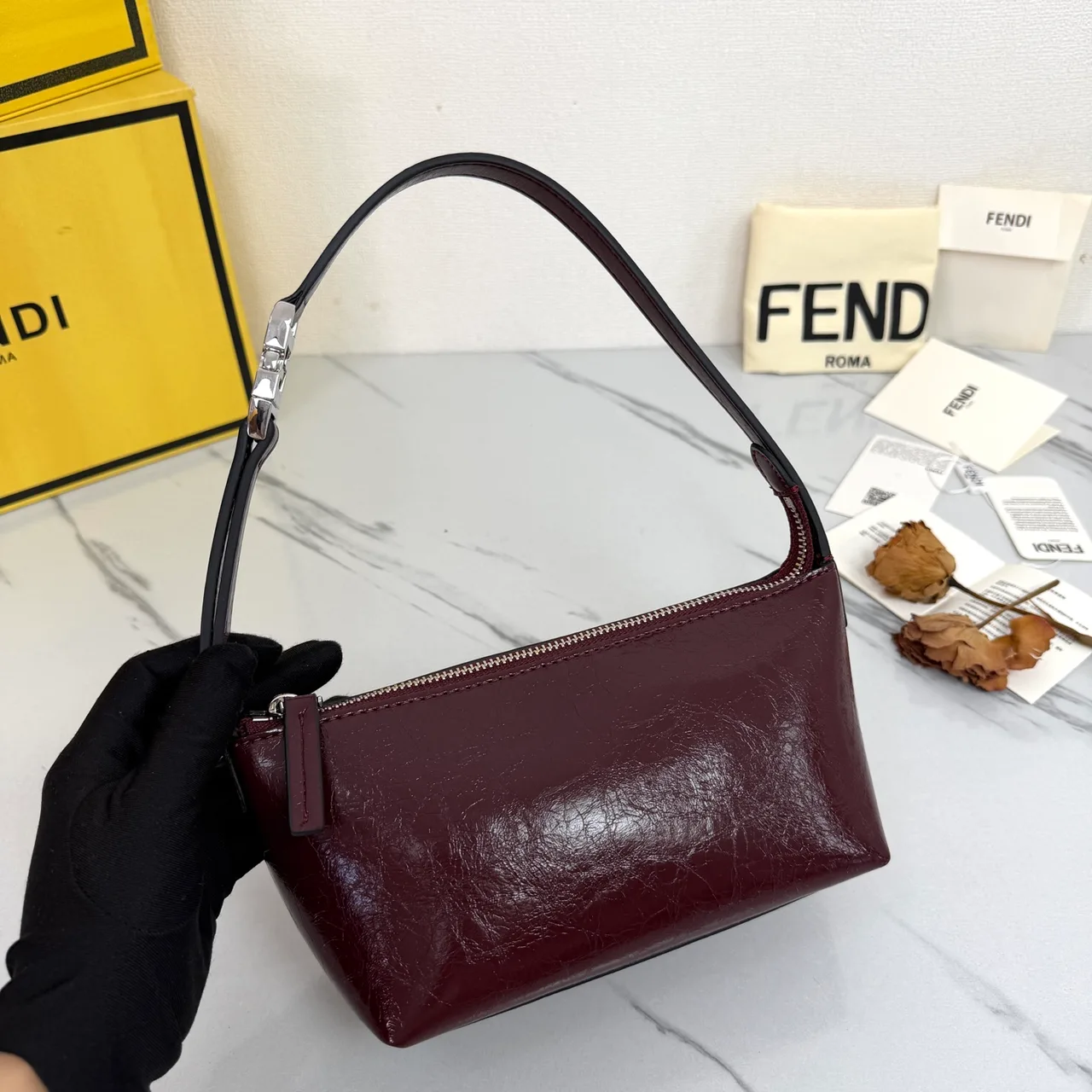 Fendi Baguette Cowhide Glossy Hobo Bag in Burgundy · view 3