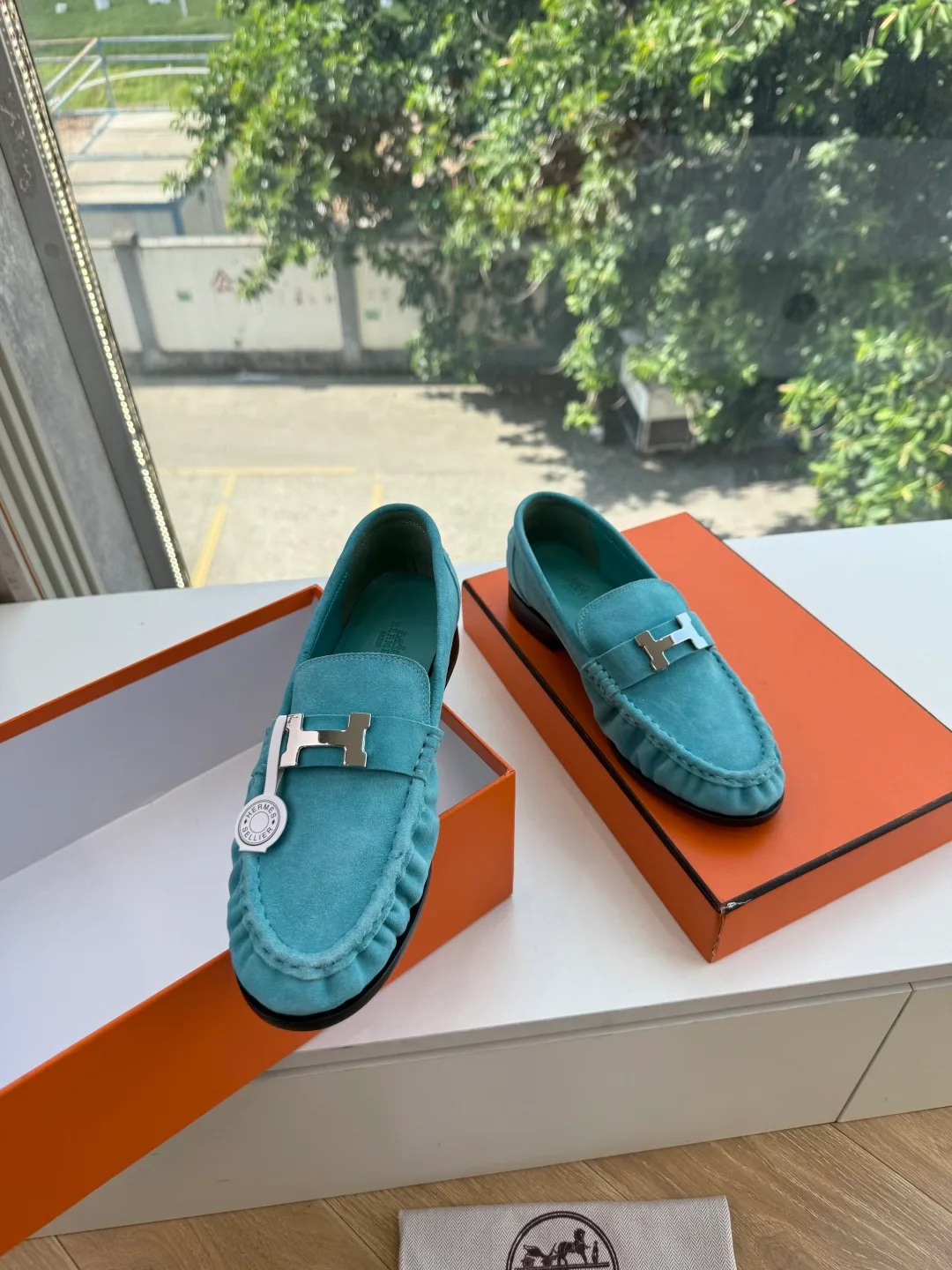 Hermes Calfskin Matte Suede-Look Round-Toe Loafers in Green · view 3