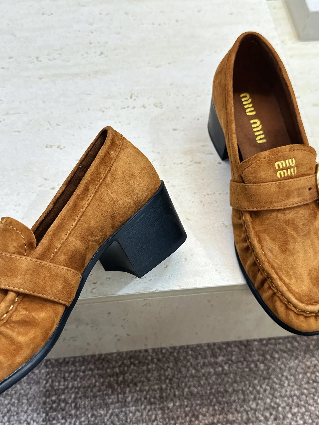 Miu Miu Cowhide Sheepskin Buckle Suede Heeled Loafers in Tan · view 7