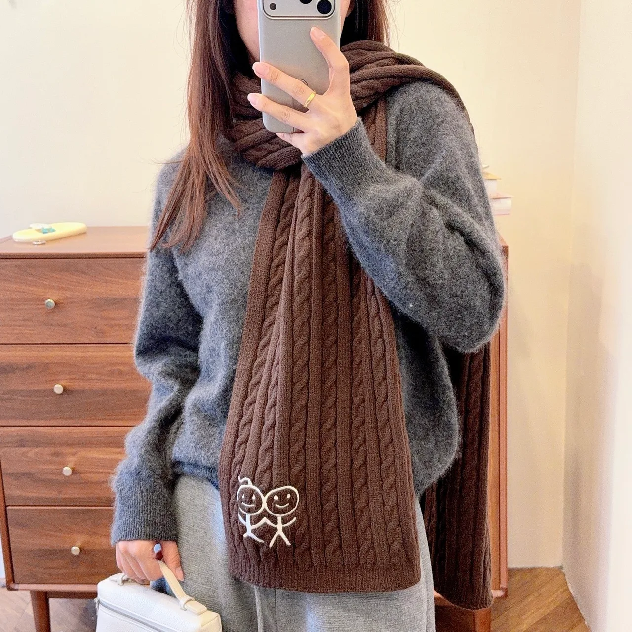 Embroidered Stick-Figure Ribbed Scarf in Brown · view 4
