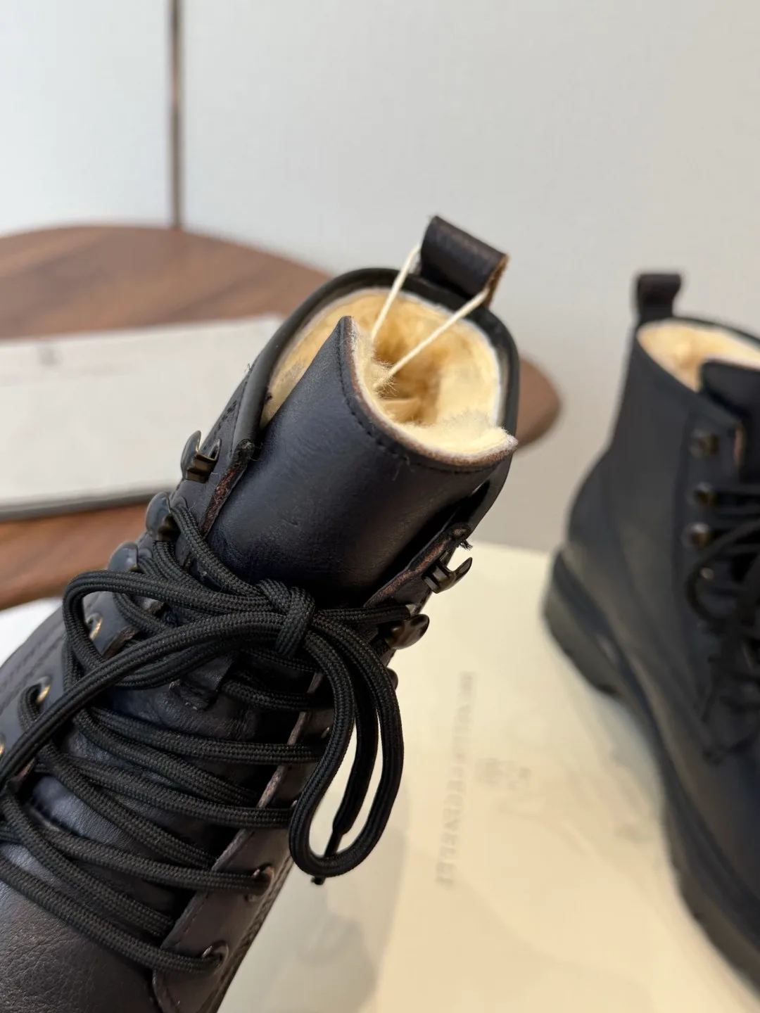Brunello Cucinelli Cowhide Glossy Round-Toe Lace-Up Ankle Boots in Black · view 7