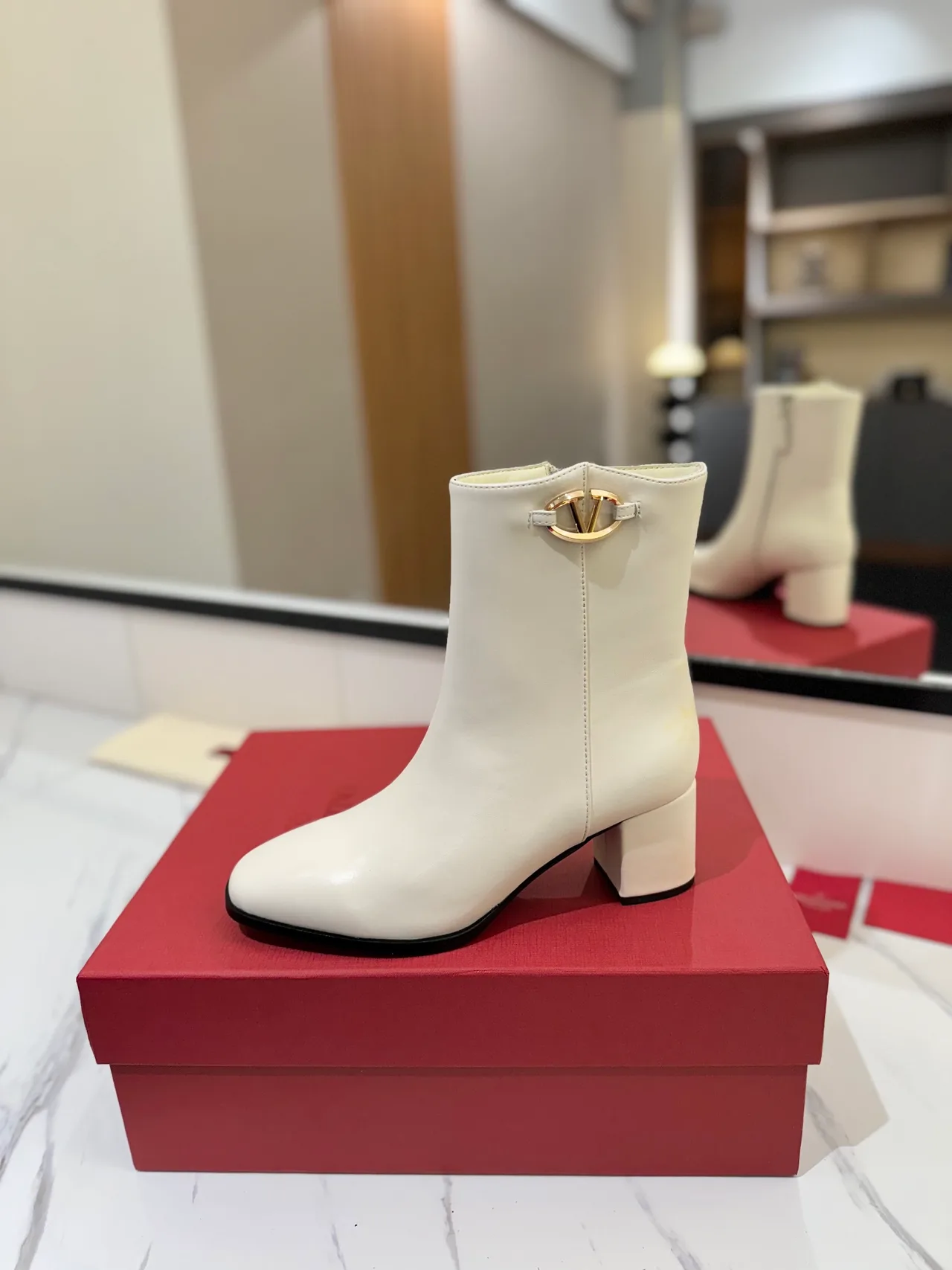 Valentino Calfskin Glossy Square-Toe Ankle Boots in White · view 6