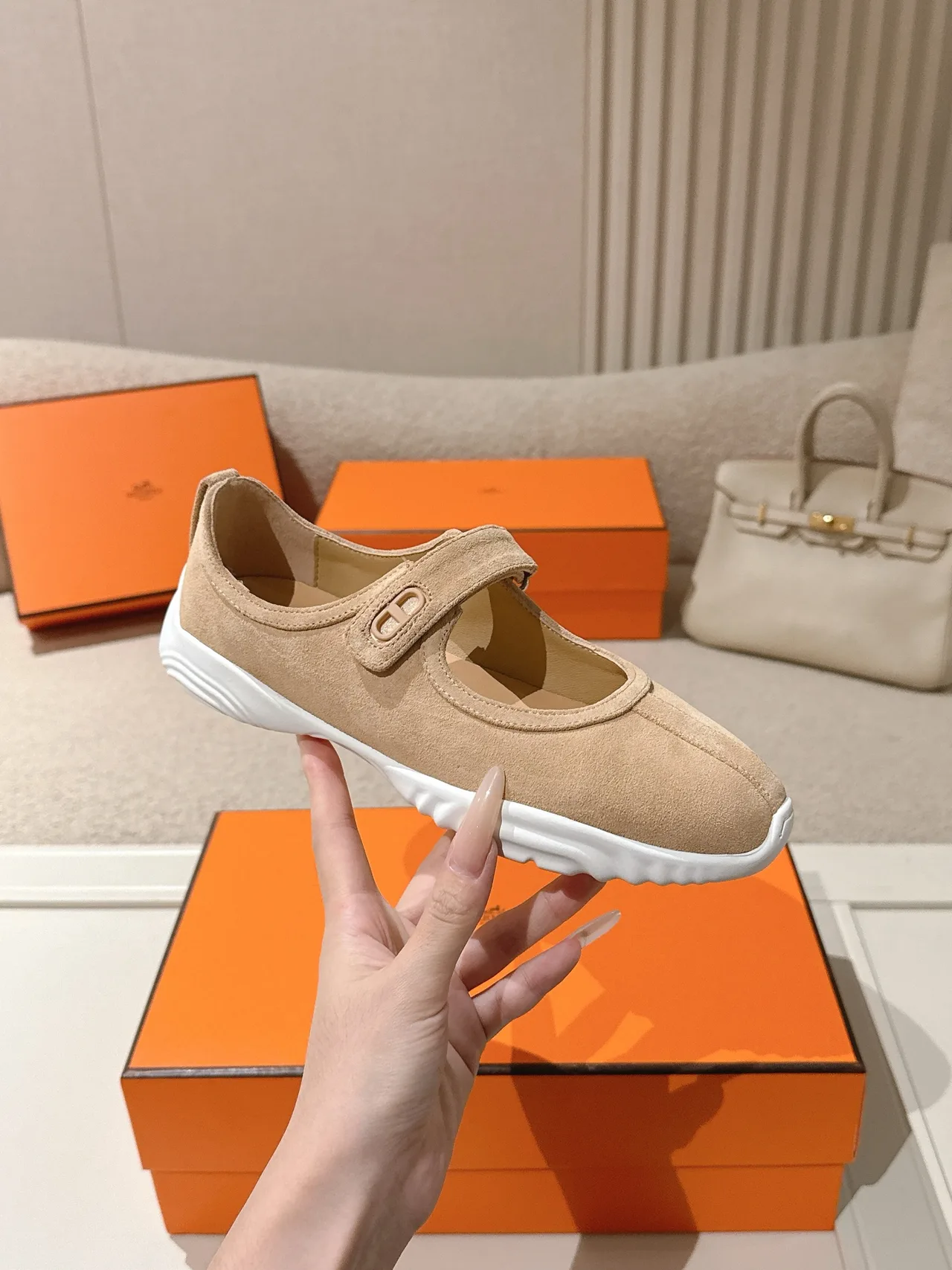 Hermes Lambskin Smooth Mary Jane Shoes in Beige · view 5