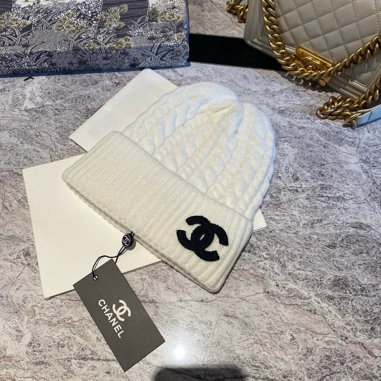 Chanel Cable-knit CC beanie in Black & White & Beige & Tan & Grey · view 2