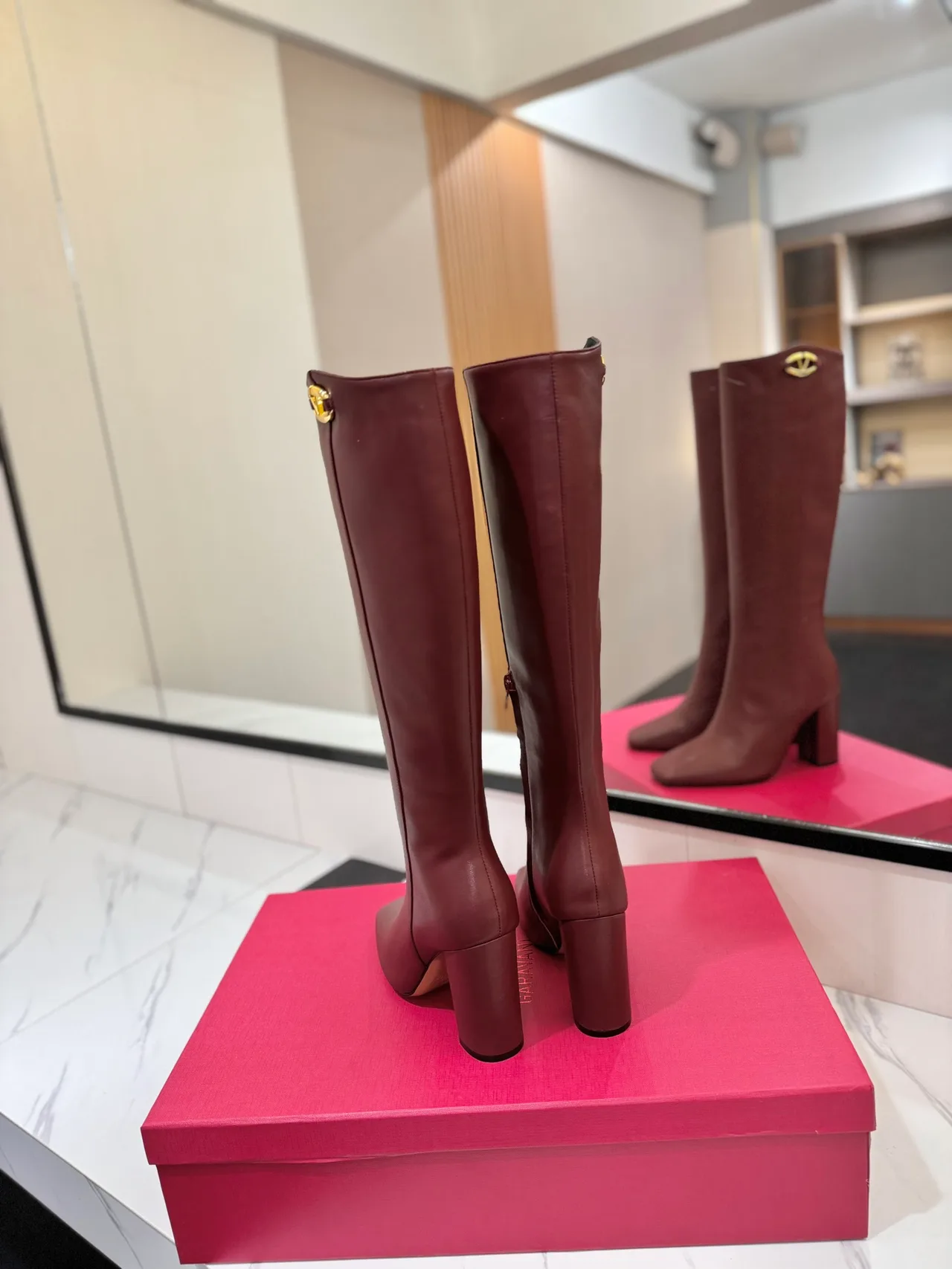 Valentino Cowhide Glossy Square-Toe Knee-High Boots in Burgundy · view 6