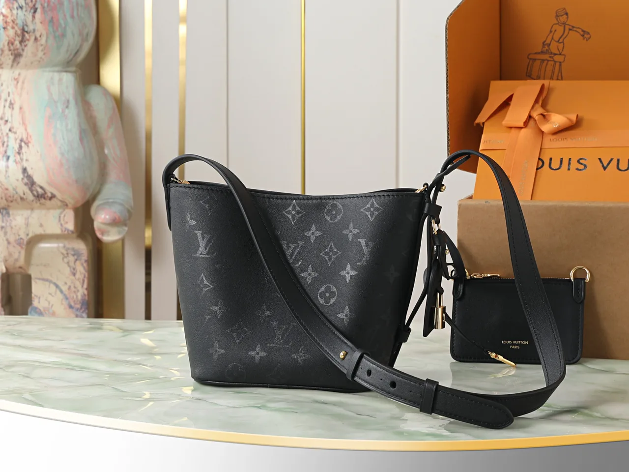 Louis Vuitton Cowhide All In BB bucket with pictured pouch in Black · view 8