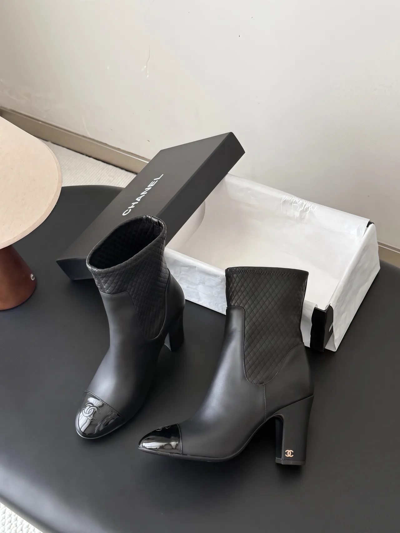 Chanel Cowhide Woven Glossy Pointed-Toe Ankle Boots in Black · view 4