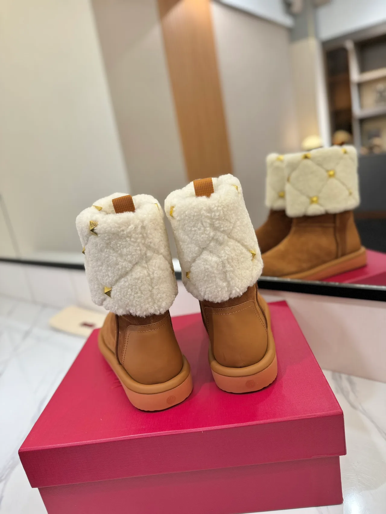 Valentino Quilted Suede-Look Boots in Tan · view 5