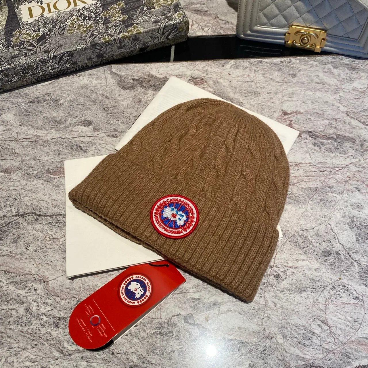 Canada Goose Cable knit beanie in Black & White & Grey & Brown & Blue & Burgundy & Cream & Pink · view 4