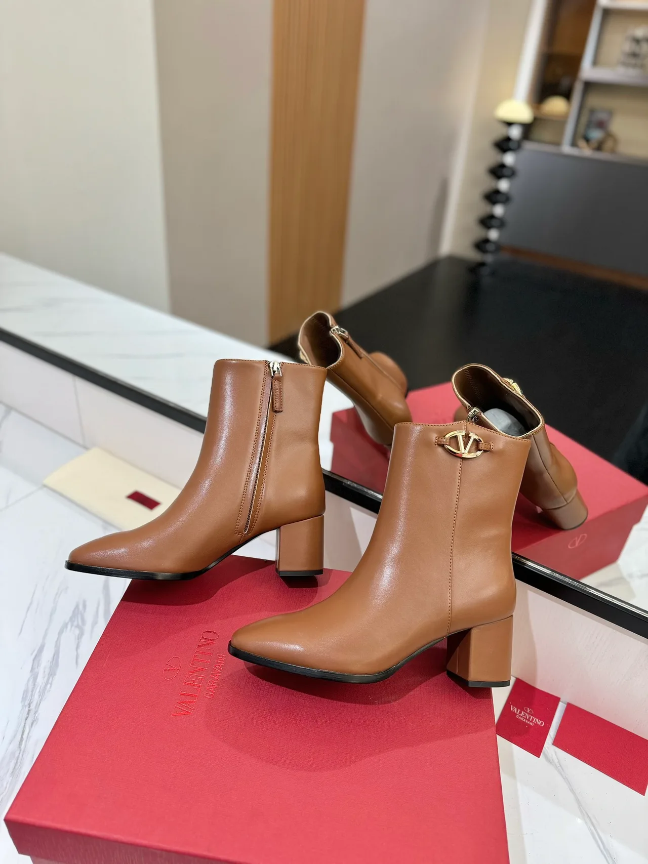 Valentino Calfskin Glossy Round-Toe Ankle Boots in Tan · view 4