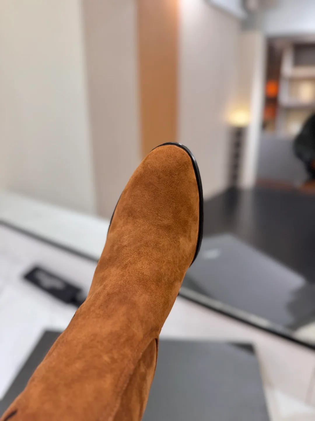 Saint Laurent Cowhide Sheepskin Glossy Suede-Look Buckle Knee-High Boots in Brown · view 7