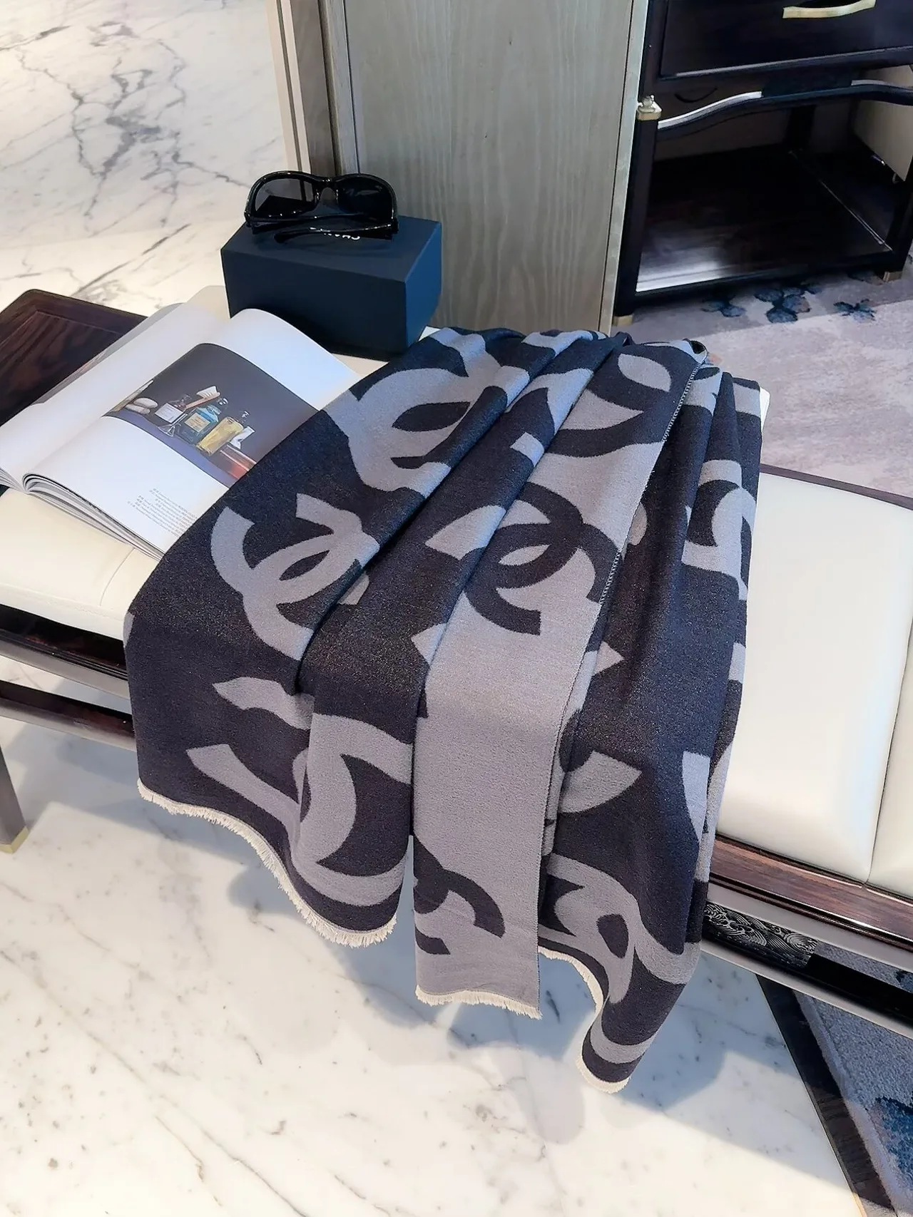 Chanel CC Jacquard Scarf in Grey & Black & Red · view 2