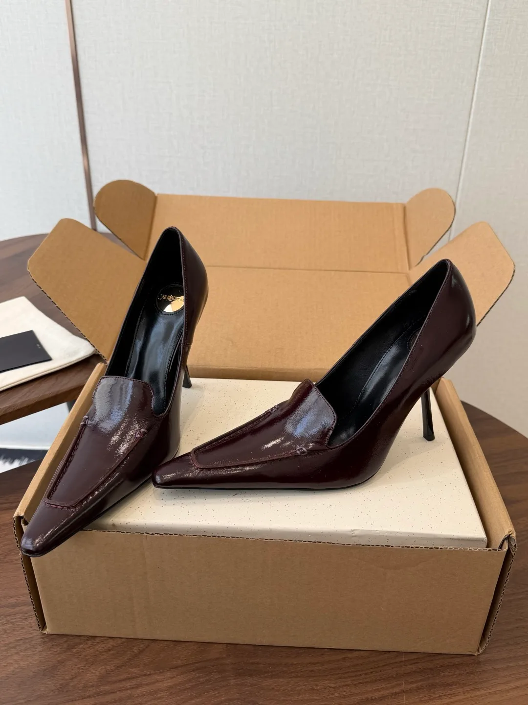 Saint Laurent Cowhide Glossy Pointed-Toe Pumps in Burgundy · view 4