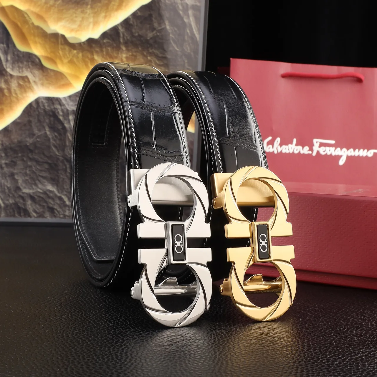 Ferragamo Croc-pattern automatic Gancini belt in Black · view 8