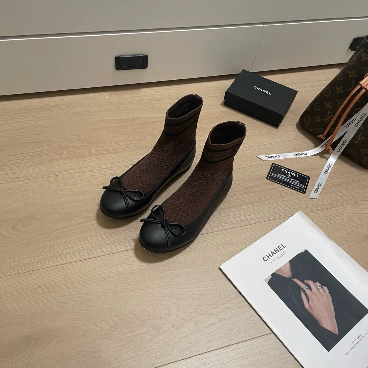 Chanel Cap-toe knit ankle boots in Cream & Brown & White & Red & Beige & Black · view 2