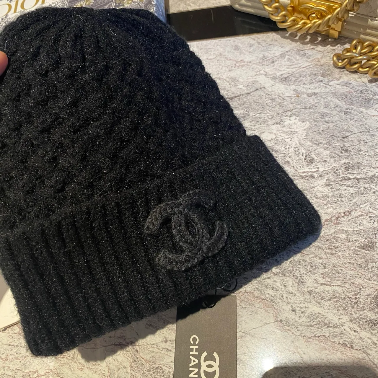 Chanel CC Knit Beanie in Black & White & Beige · view 6